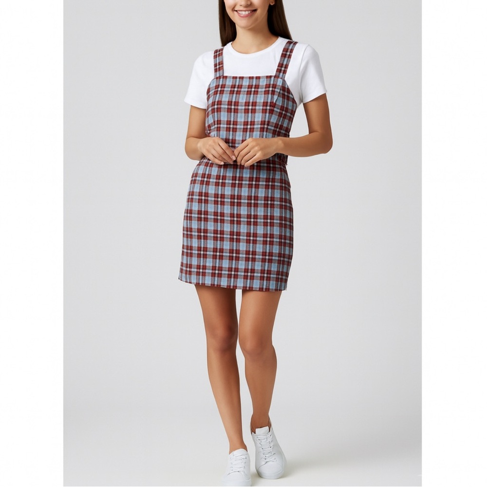 Y2K Preppy Plaid Mini Jumper Dress Tartan Square Neck Buckle Large Grunge - Picture 13 of 13